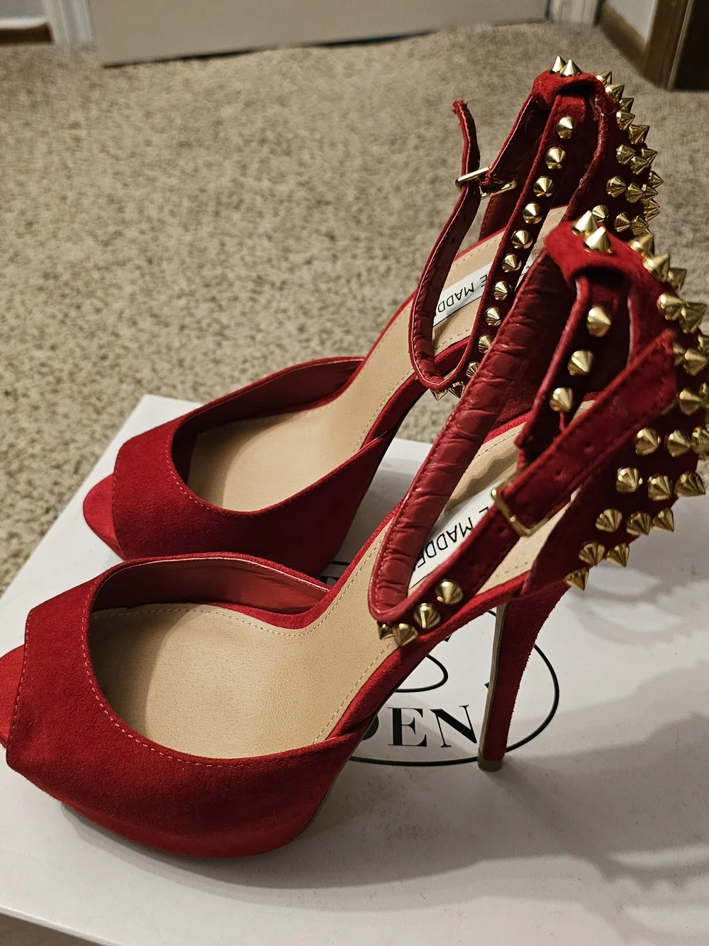 Steve Madden Red Suede Studded Platform Peep-Toe Heels